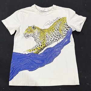 Roberto Cavalli Kids White Graphic Leopard Tee with Blue Accent